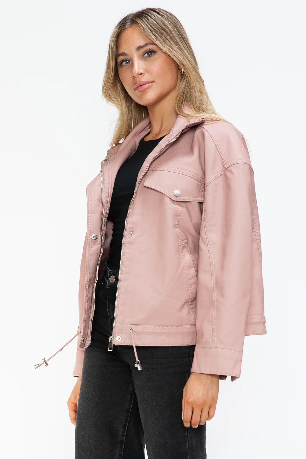 How Dare U Drawstring Hem PU Leather Zip Up Jacket - Image 11
