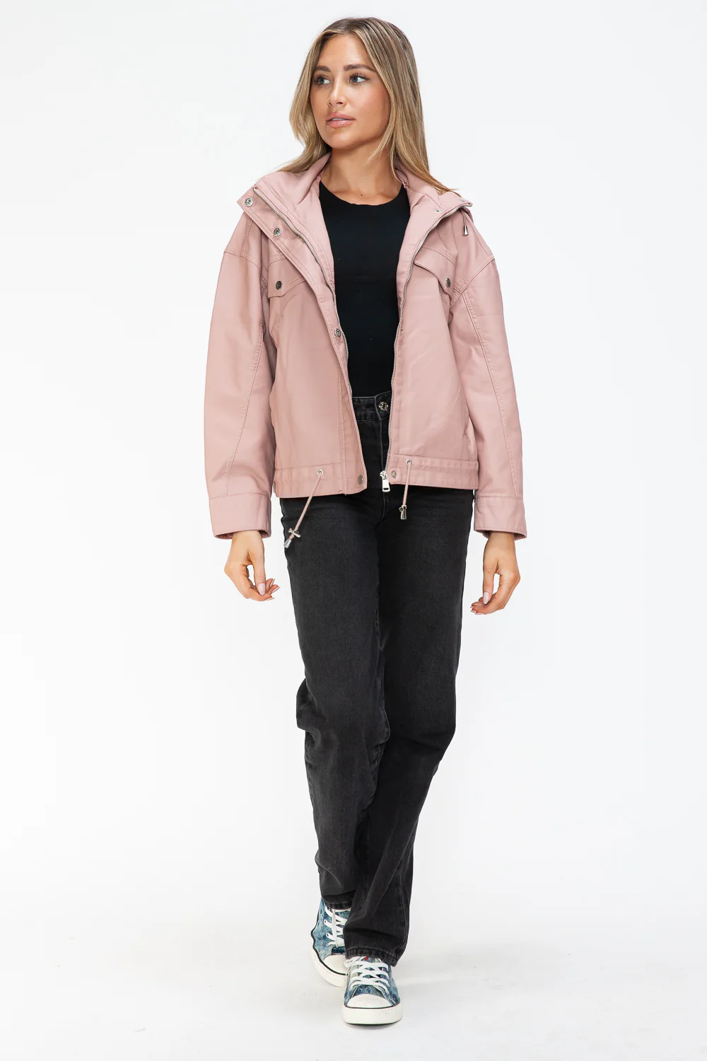 How Dare U Drawstring Hem PU Leather Zip Up Jacket - Image 17