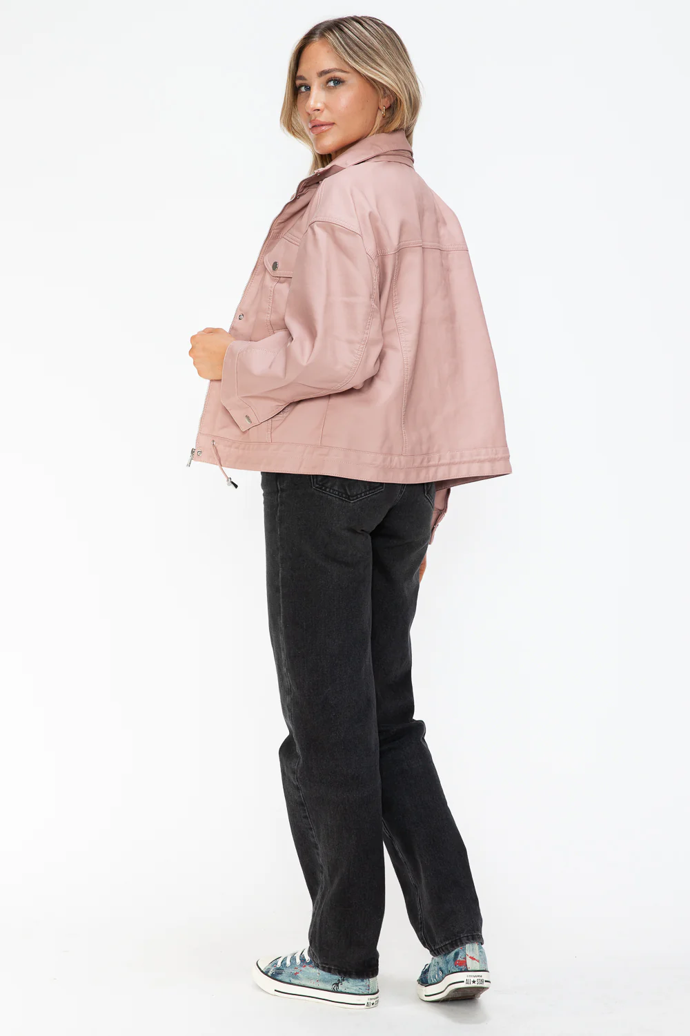 How Dare U Drawstring Hem PU Leather Zip Up Jacket - Image 19