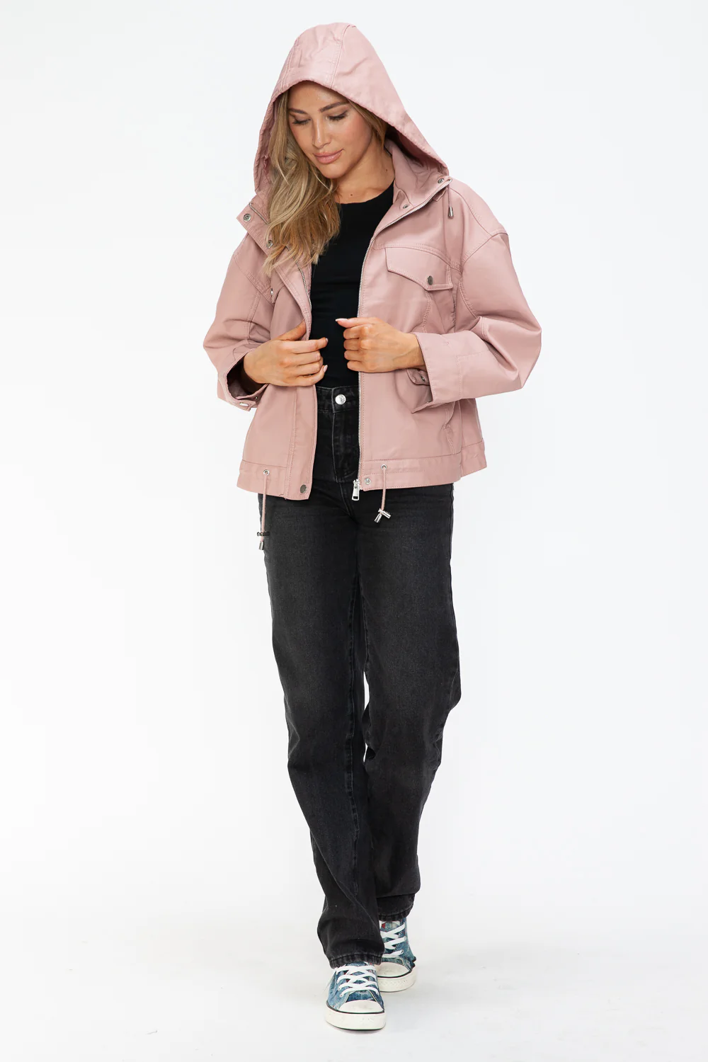 How Dare U Drawstring Hem PU Leather Zip Up Jacket - Image 20