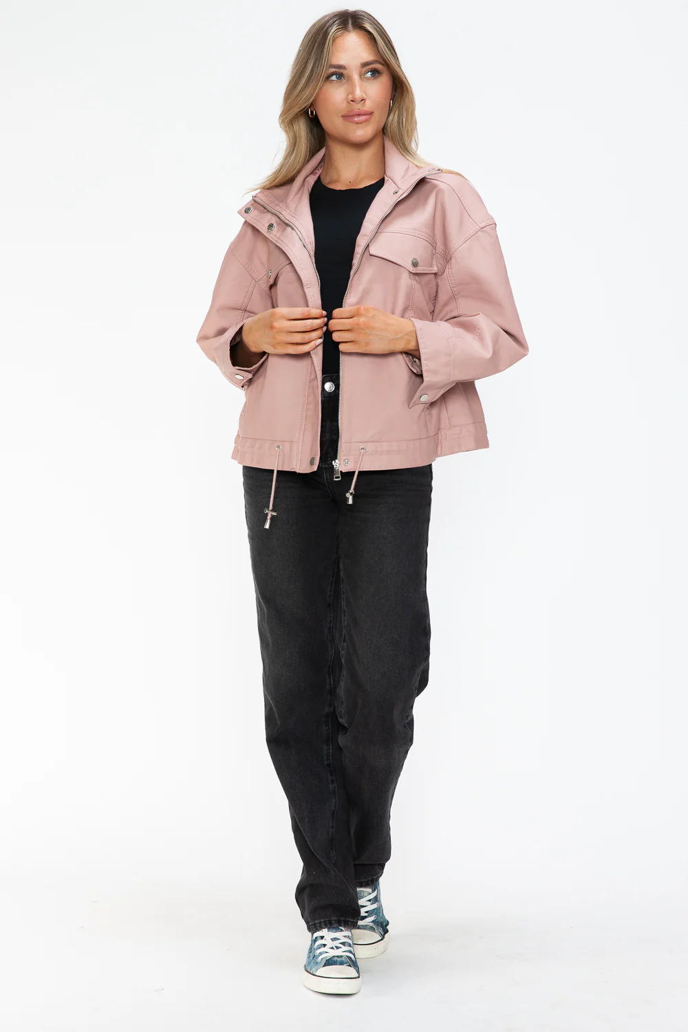 How Dare U Drawstring Hem PU Leather Zip Up Jacket - Image 21