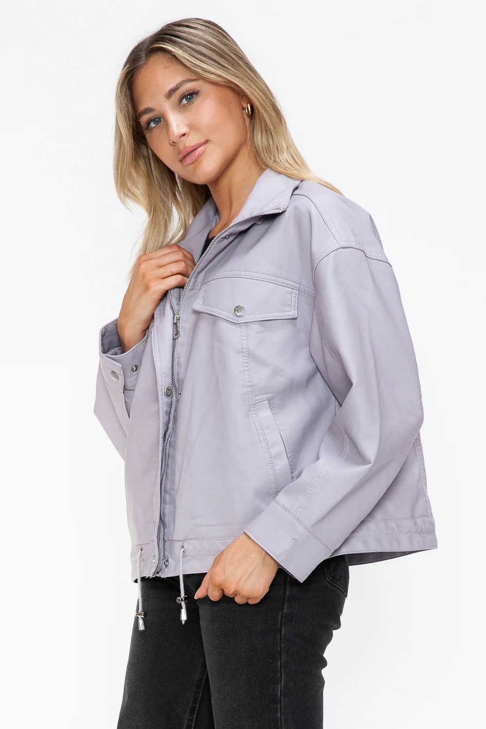 How Dare U Drawstring Hem PU Leather Zip Up Jacket - Image 11