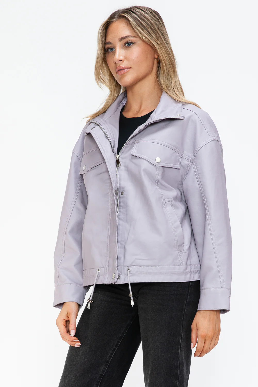 How Dare U Drawstring Hem PU Leather Zip Up Jacket - Image 12
