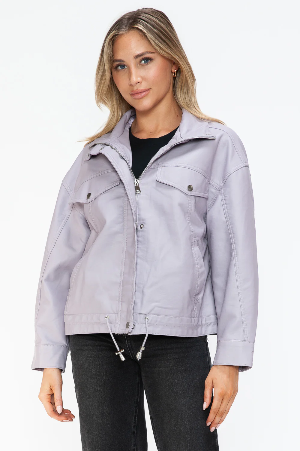 How Dare U Drawstring Hem PU Leather Zip Up Jacket - Image 14