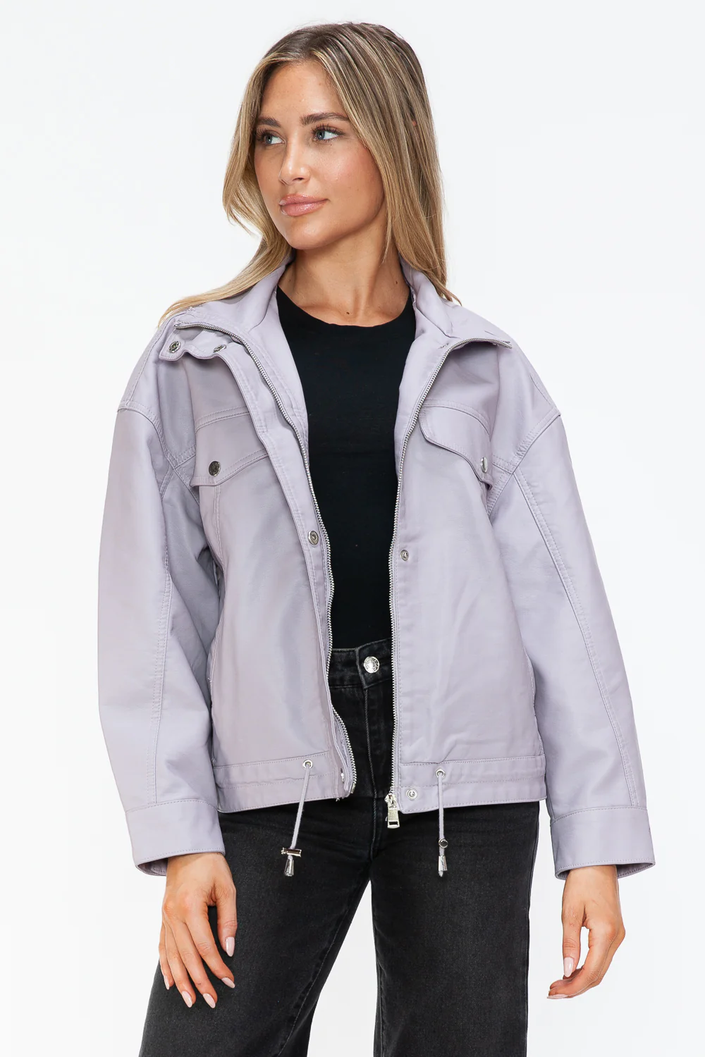 How Dare U Drawstring Hem PU Leather Zip Up Jacket - Image 15