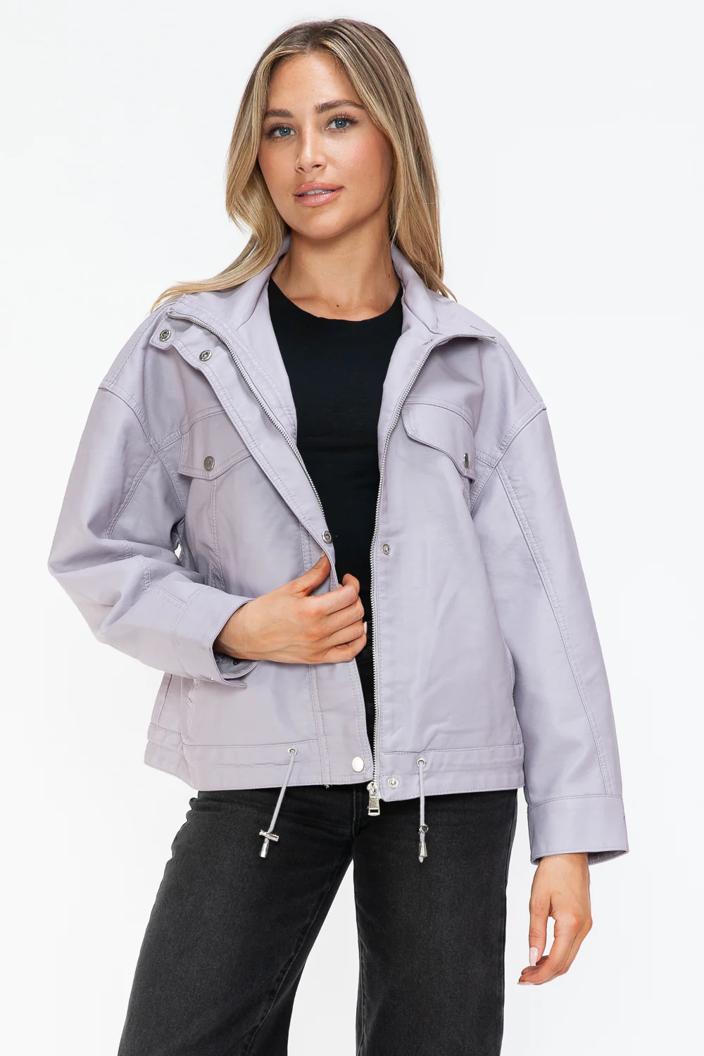 How Dare U Drawstring Hem PU Leather Zip Up Jacket - Image 16