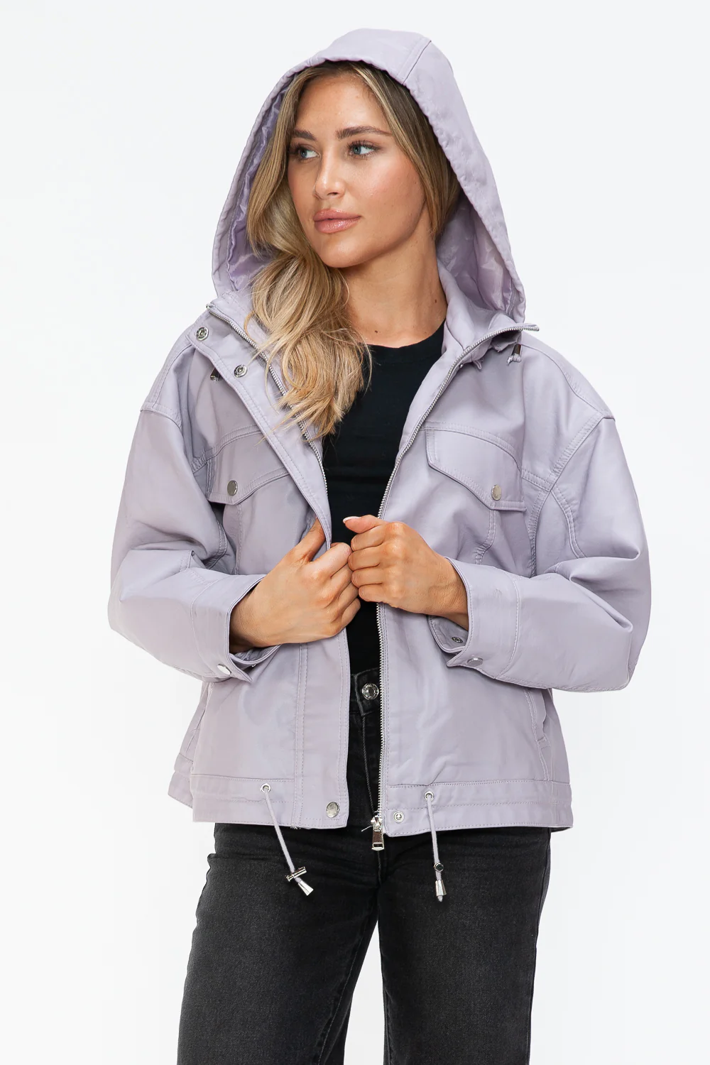 How Dare U Drawstring Hem PU Leather Zip Up Jacket - Image 17
