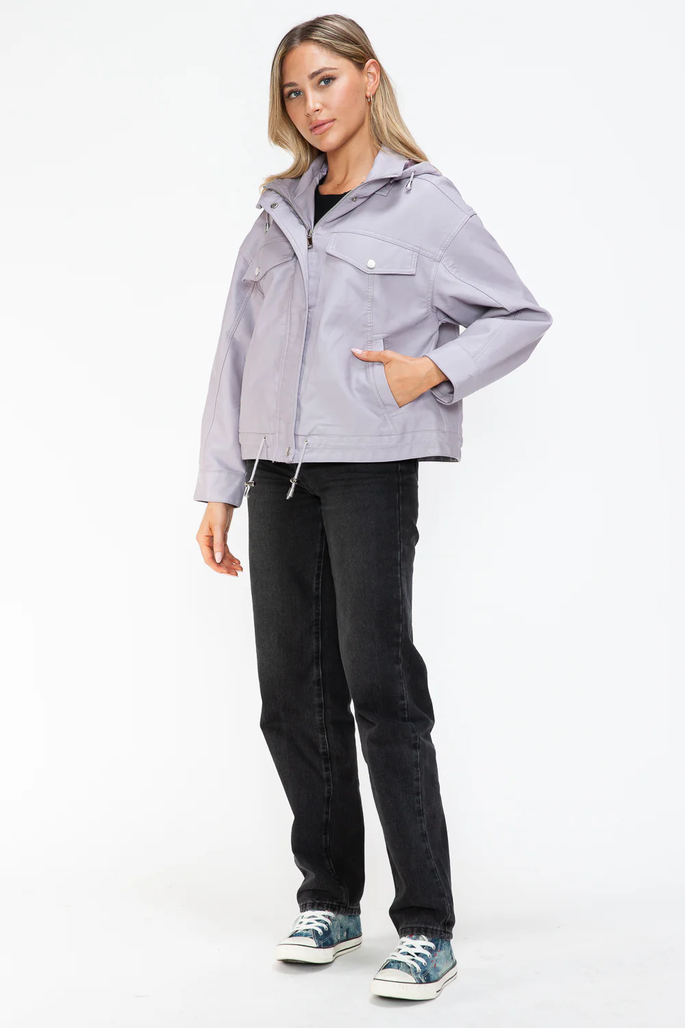 How Dare U Drawstring Hem PU Leather Zip Up Jacket - Image 19