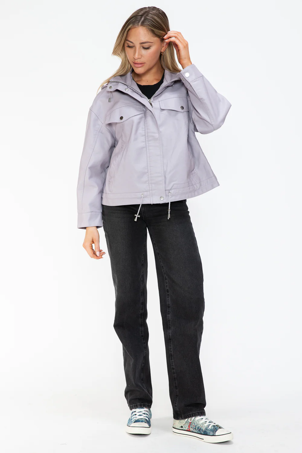 How Dare U Drawstring Hem PU Leather Zip Up Jacket - Image 20