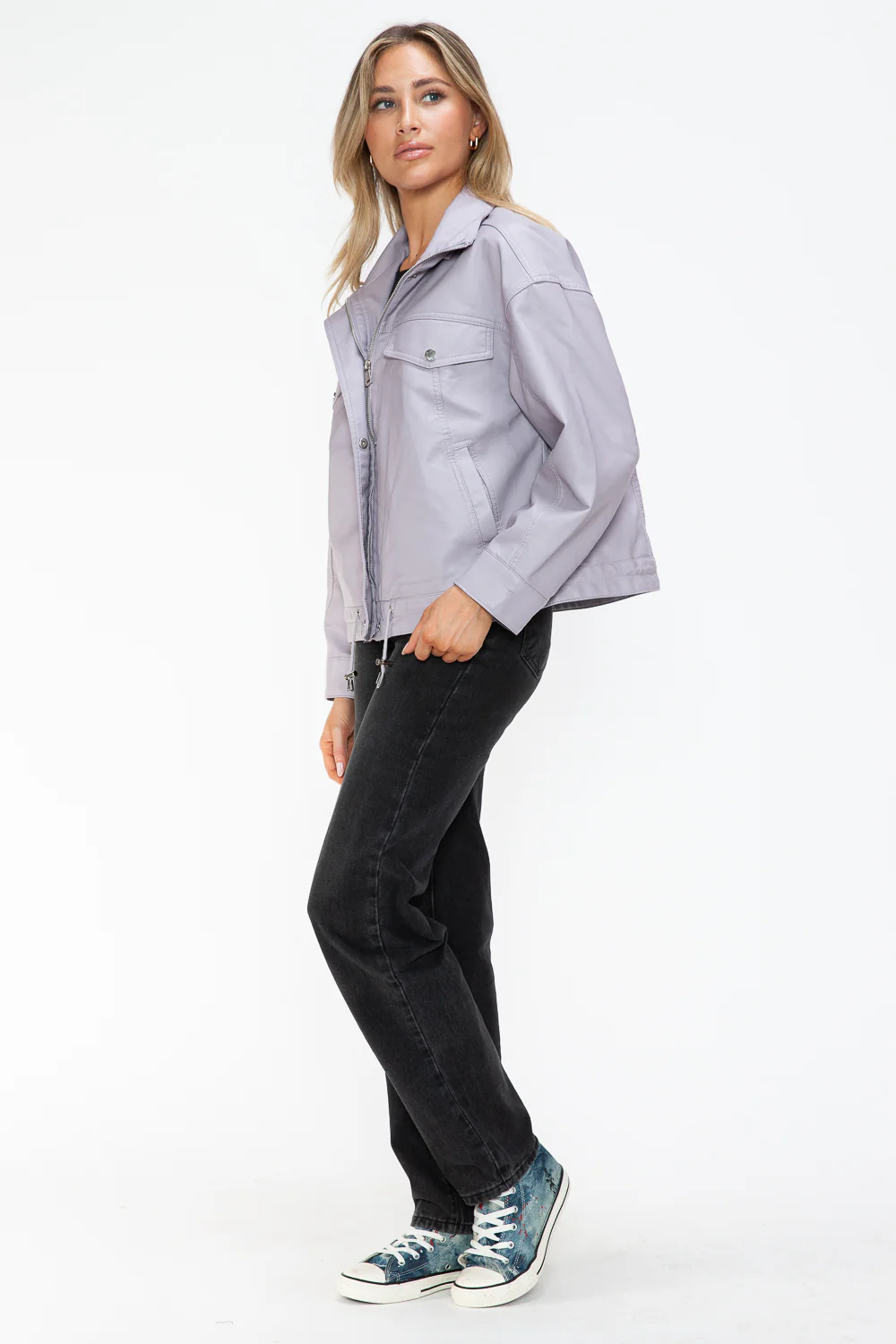 How Dare U Drawstring Hem PU Leather Zip Up Jacket - Image 21