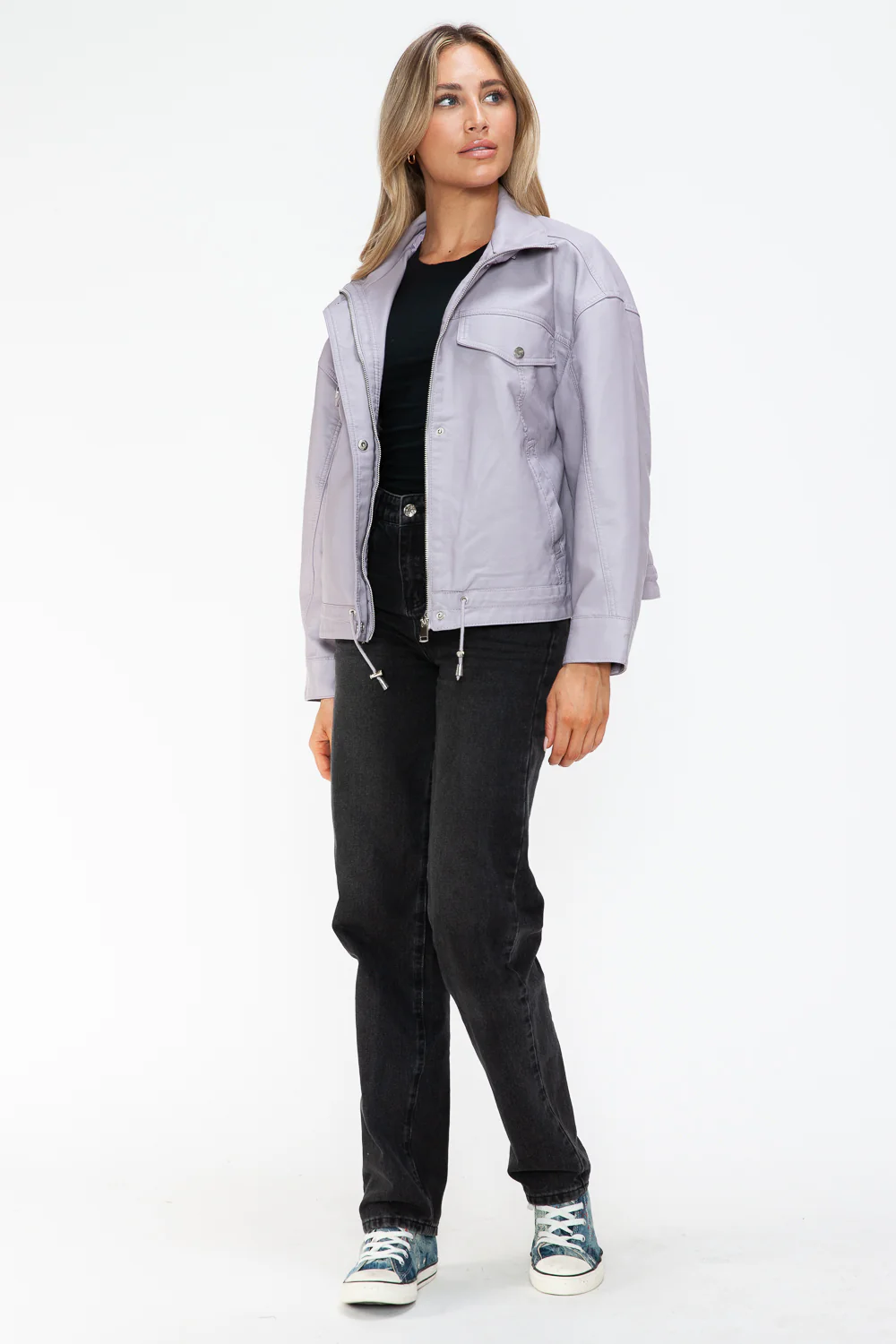 How Dare U Drawstring Hem PU Leather Zip Up Jacket - Image 22