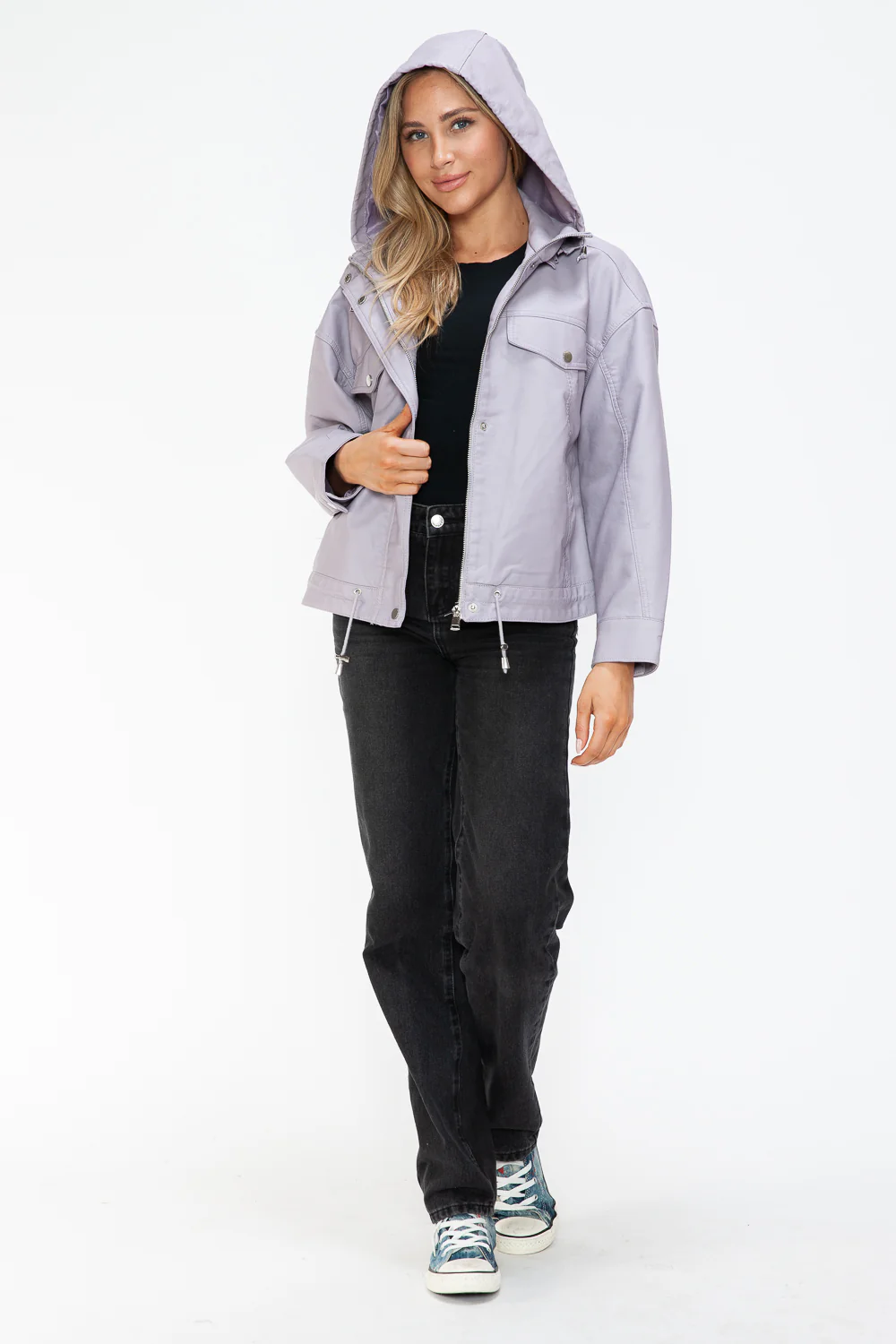 How Dare U Drawstring Hem PU Leather Zip Up Jacket - Image 23