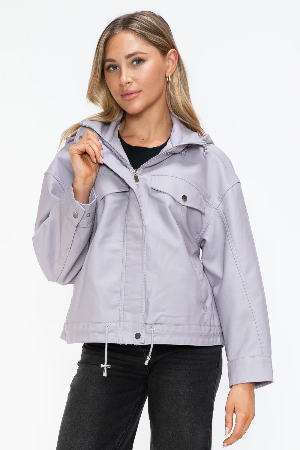 How Dare U Drawstring Hem PU Leather Zip Up Jacket - Image 3
