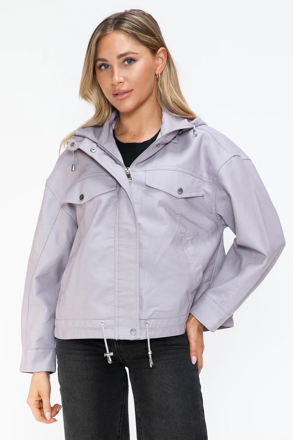 How Dare U Drawstring Hem PU Leather Zip Up Jacket - Image 4