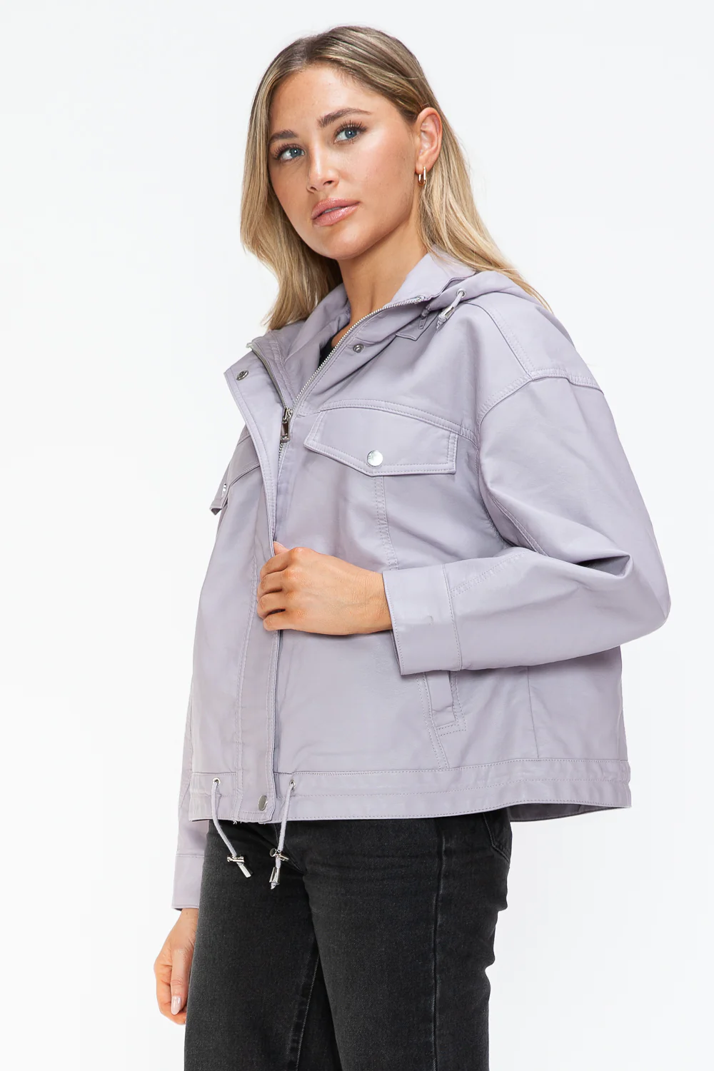 How Dare U Drawstring Hem PU Leather Zip Up Jacket - Image 5