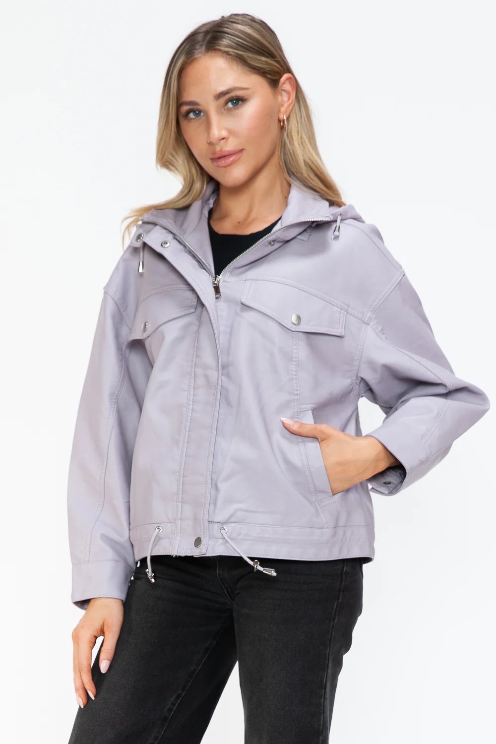 How Dare U Drawstring Hem PU Leather Zip Up Jacket - Image 6