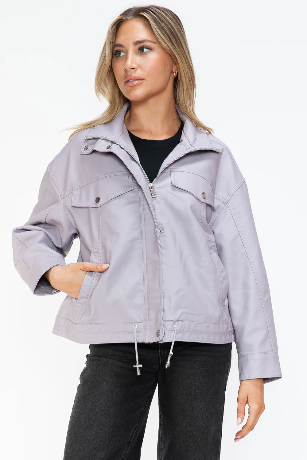 How Dare U Drawstring Hem PU Leather Zip Up Jacket - Image 8