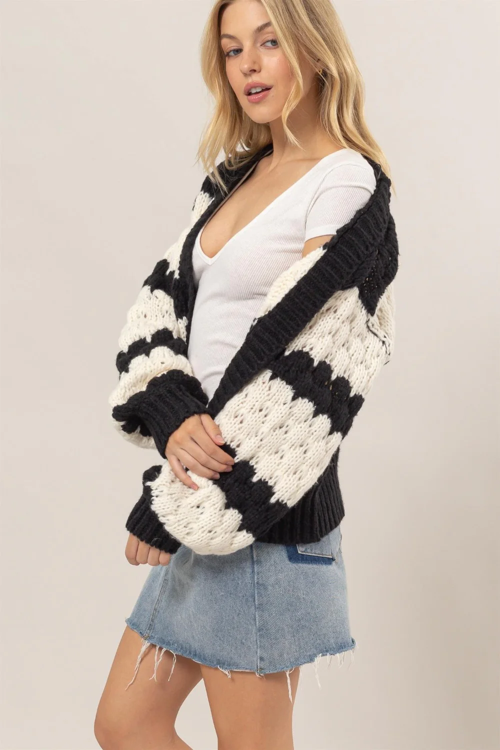HYFVE Scallop Striped Open Front Long Sleeve Sweater Cardigan - Image 3