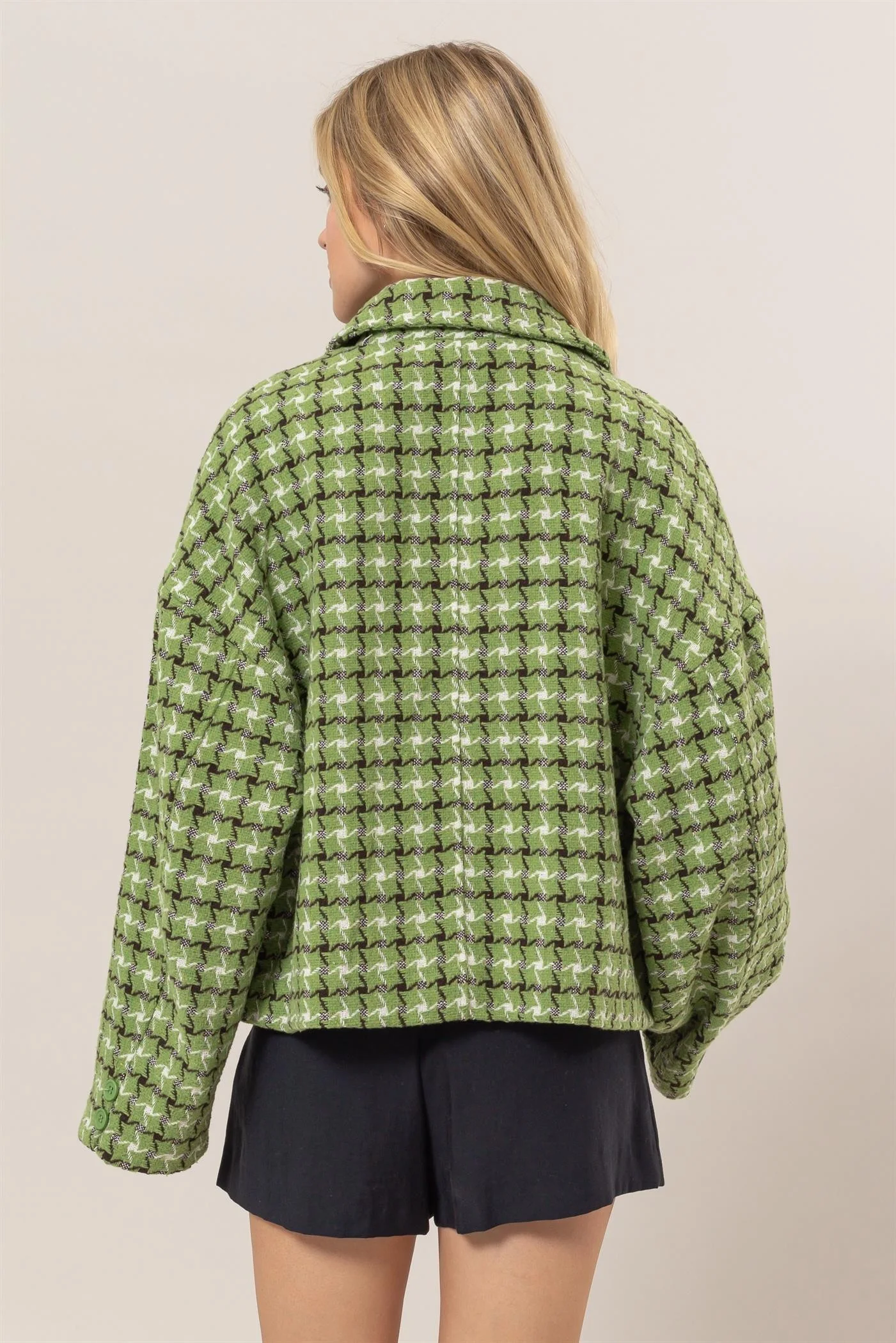 HYFVE Tweed Plaid Button Up Collared Neck Jacket - Image 2