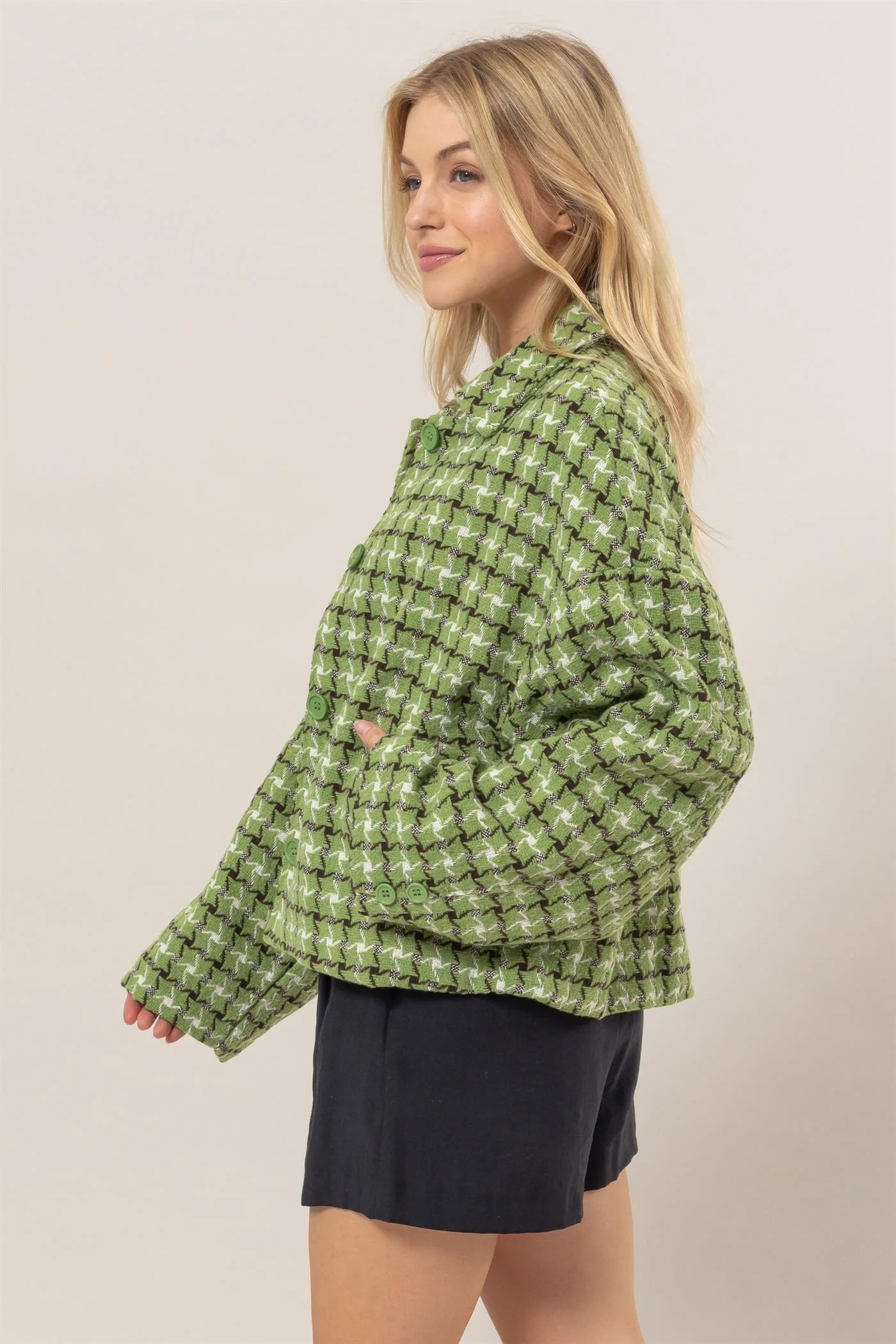 HYFVE Tweed Plaid Button Up Collared Neck Jacket - Image 3