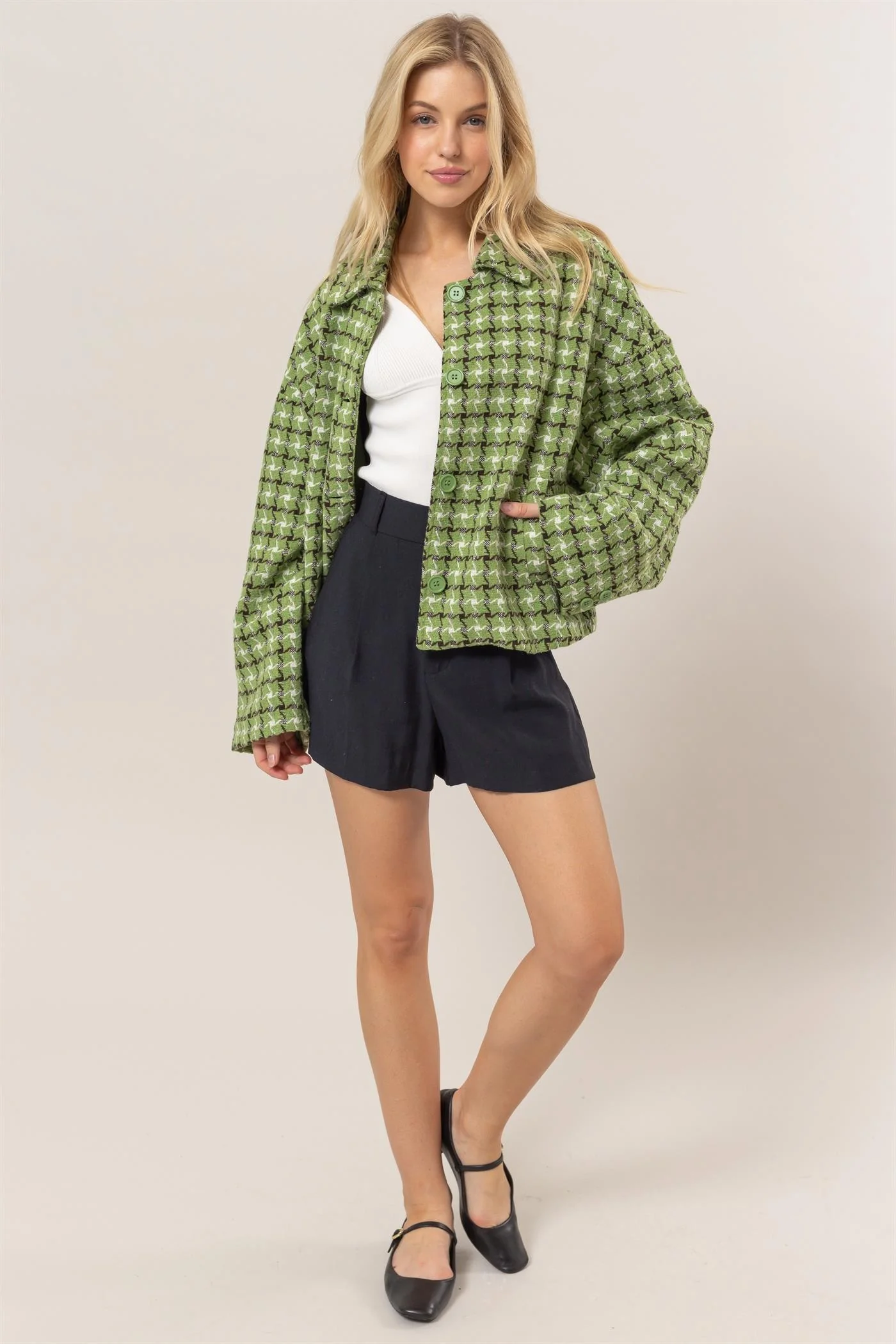 HYFVE Tweed Plaid Button Up Collared Neck Jacket - Image 4