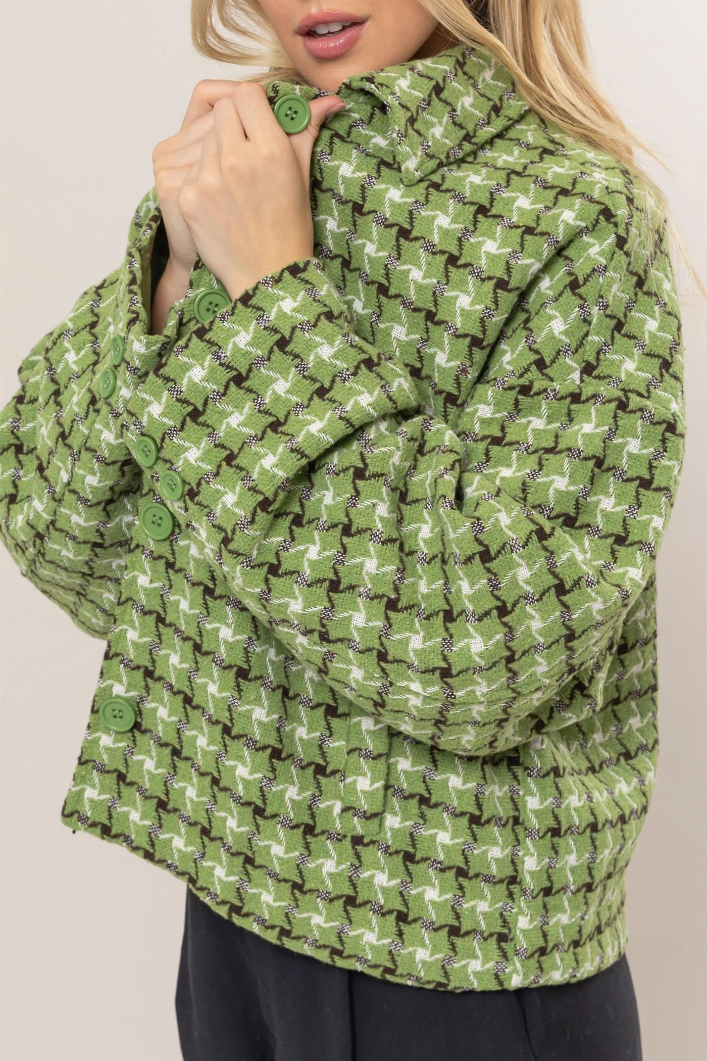 HYFVE Tweed Plaid Button Up Collared Neck Jacket - Image 5