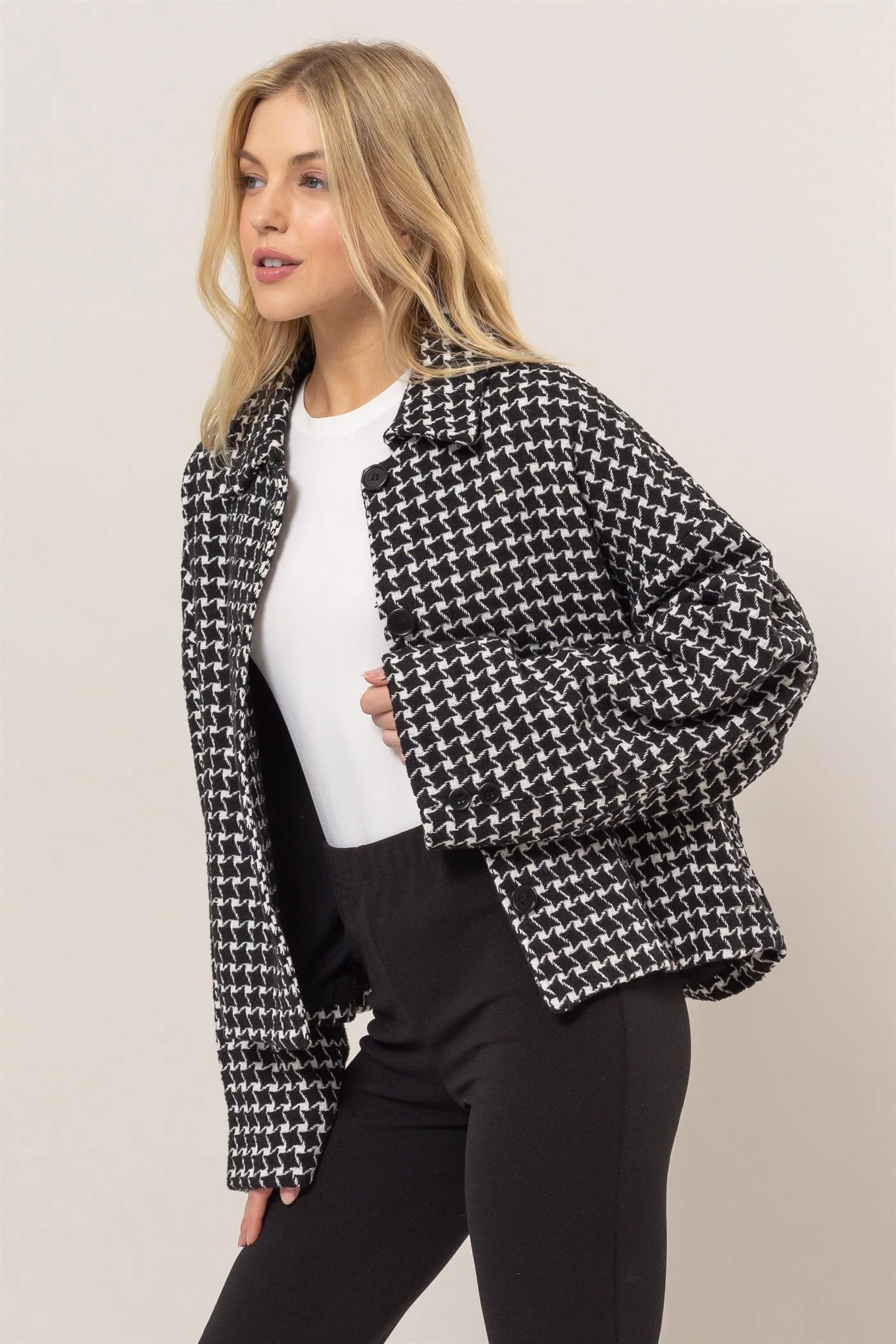 HYFVE Tweed Plaid Button Up Collared Neck Jacket - Image 3