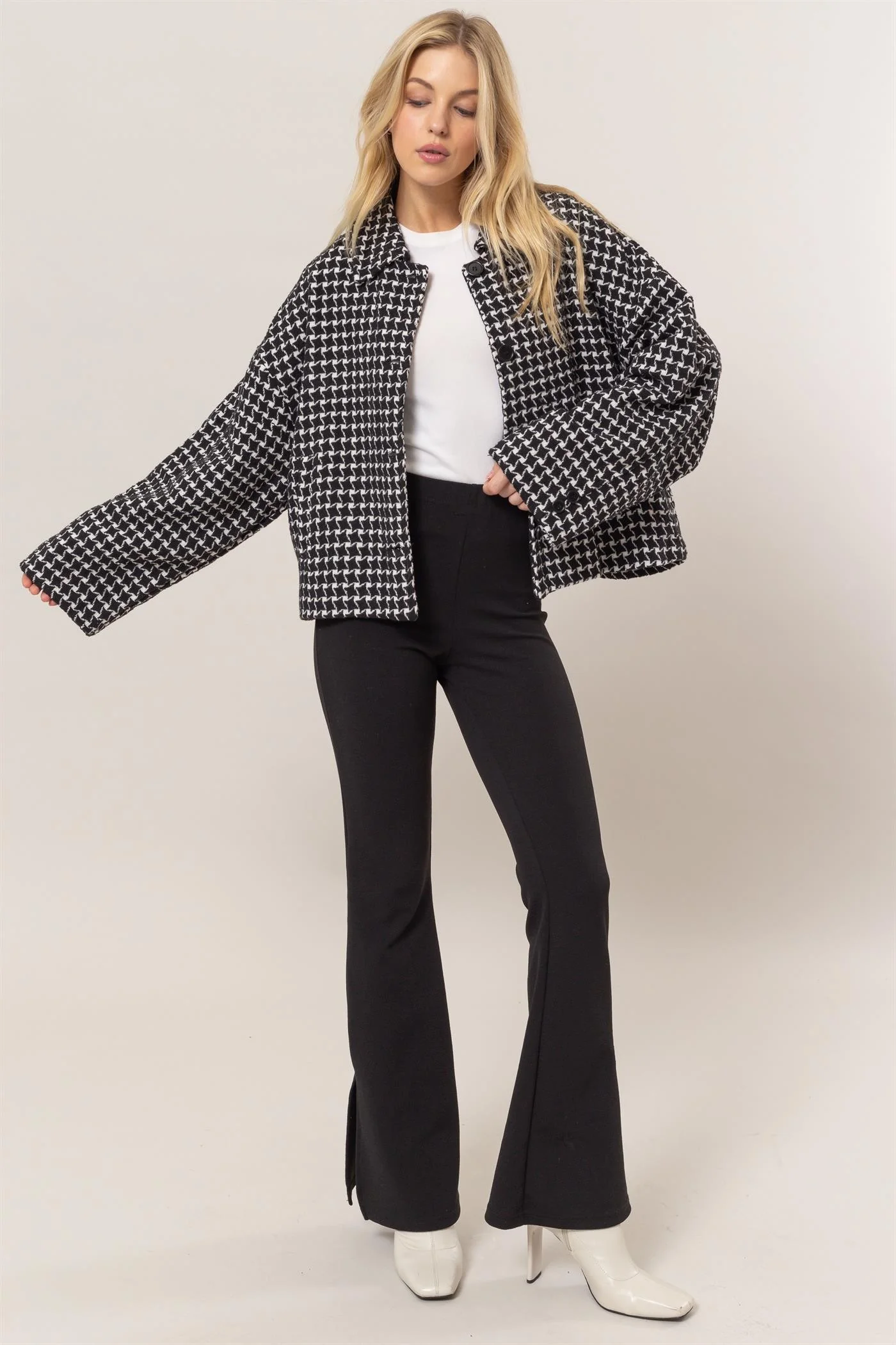 HYFVE Tweed Plaid Button Up Collared Neck Jacket - Image 4