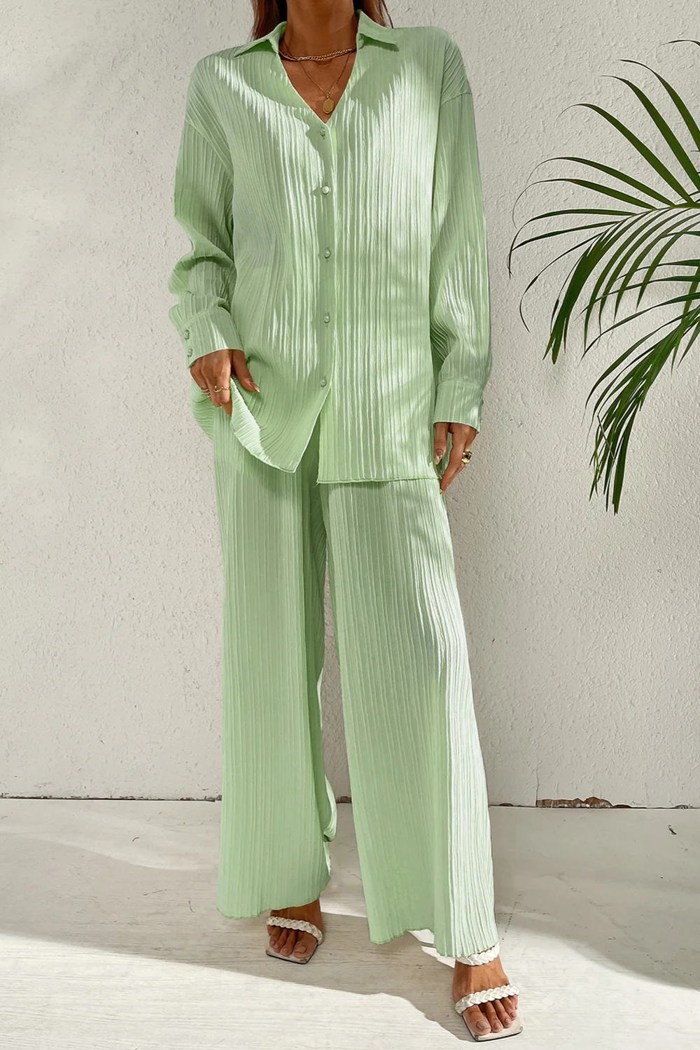 Johnny Collar Button Down Top and Pants Set - Image 2