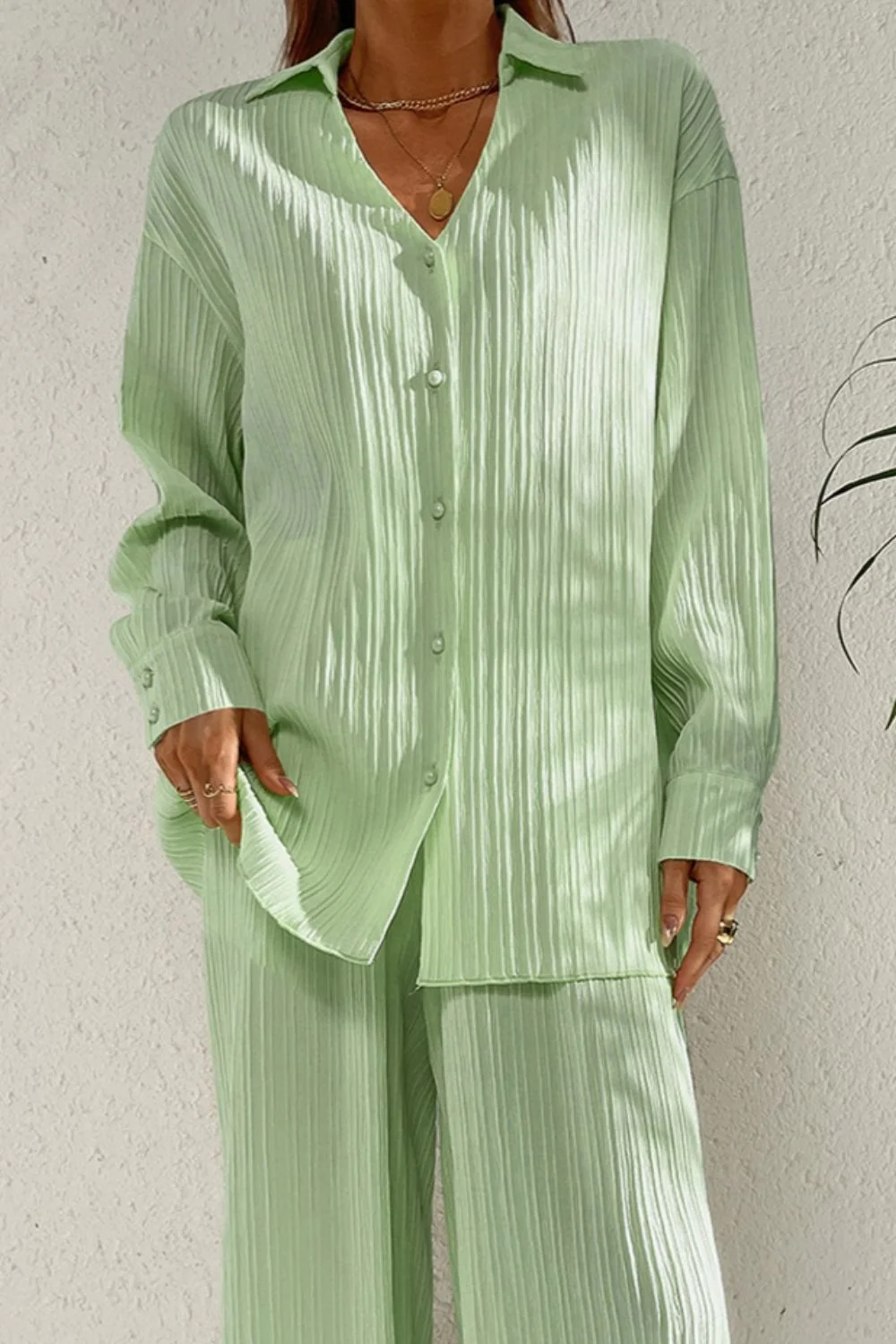 Johnny Collar Button Down Top and Pants Set - Image 3