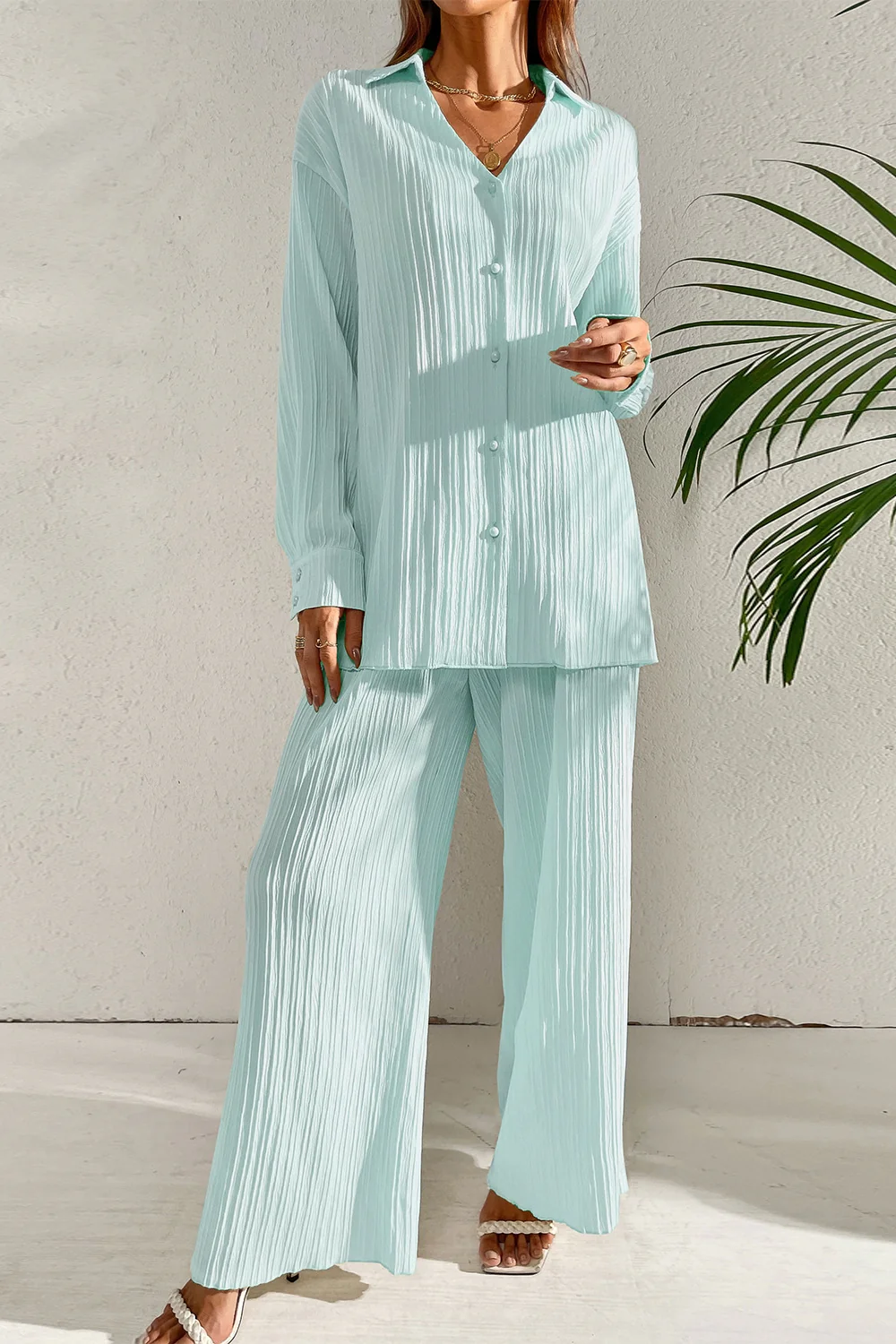 Johnny Collar Button Down Top and Pants Set - Image 4