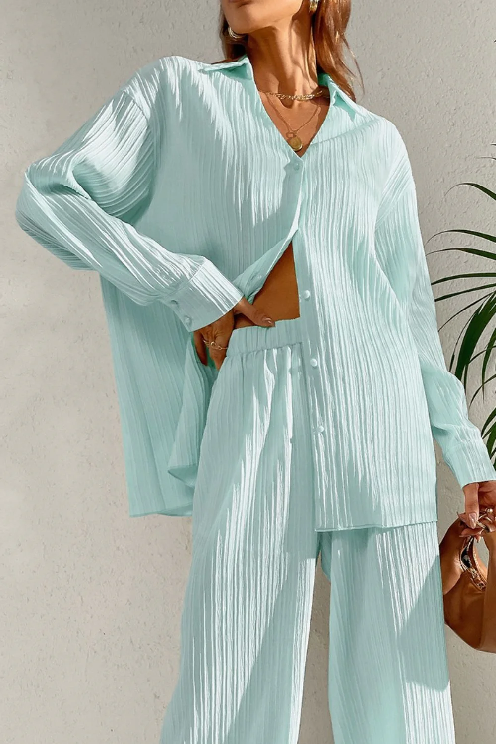 Johnny Collar Button Down Top and Pants Set - Image 6