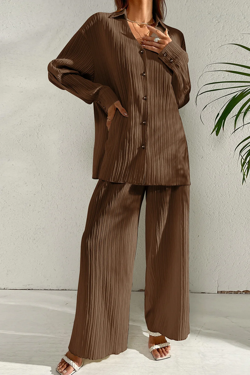 Johnny Collar Button Down Top and Pants Set - Image 7