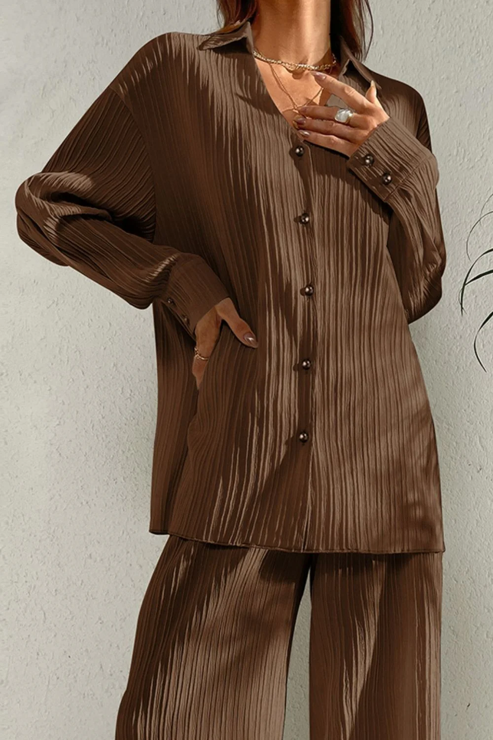 Johnny Collar Button Down Top and Pants Set - Image 8