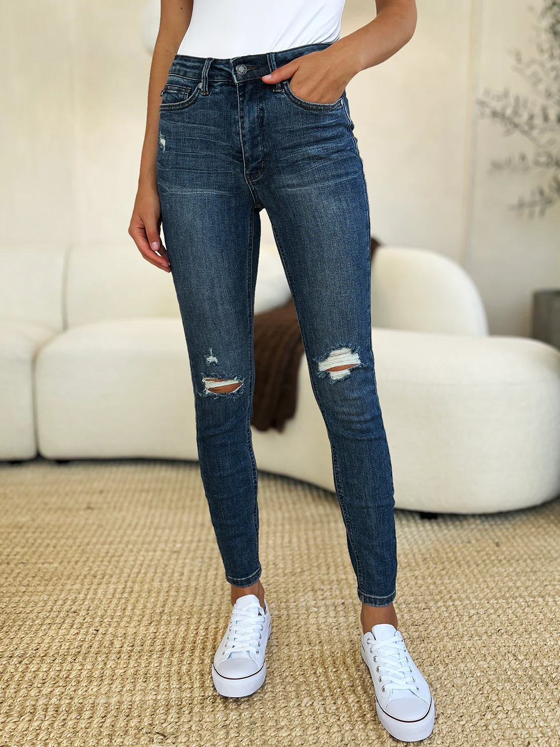 Judy Blue Full Size Mid Waist Distressed Slim Jeans - Image 9