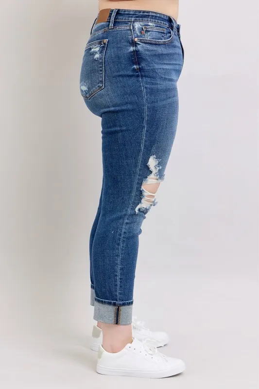 Judy Blue Full Size Midi Rise Boyfriend destroy Jeans with Yoke Pockets and Faux Selvedge Cuff Plus Size - Image 10