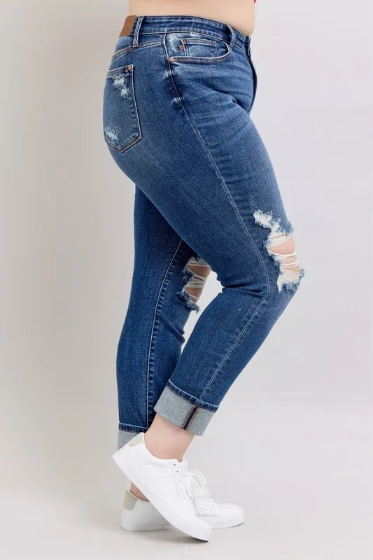 Judy Blue Full Size Midi Rise Boyfriend destroy Jeans with Yoke Pockets and Faux Selvedge Cuff Plus Size - Image 11