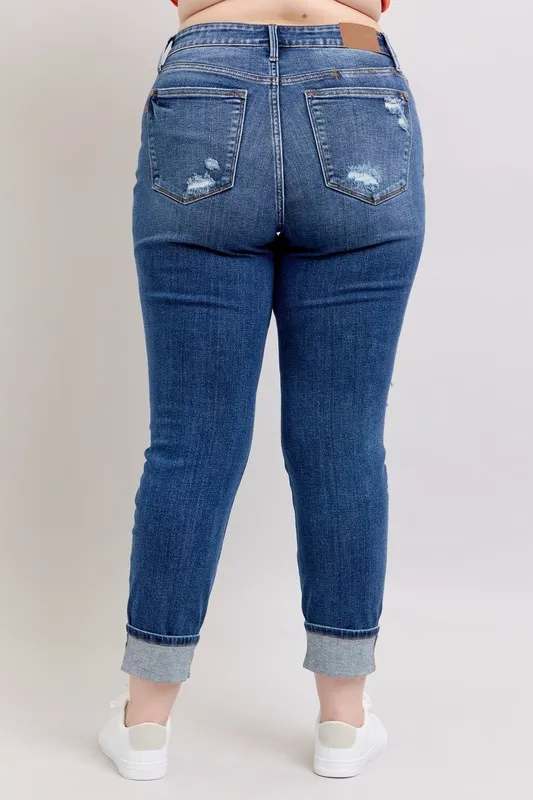 Judy Blue Full Size Midi Rise Boyfriend destroy Jeans with Yoke Pockets and Faux Selvedge Cuff Plus Size - Image 12