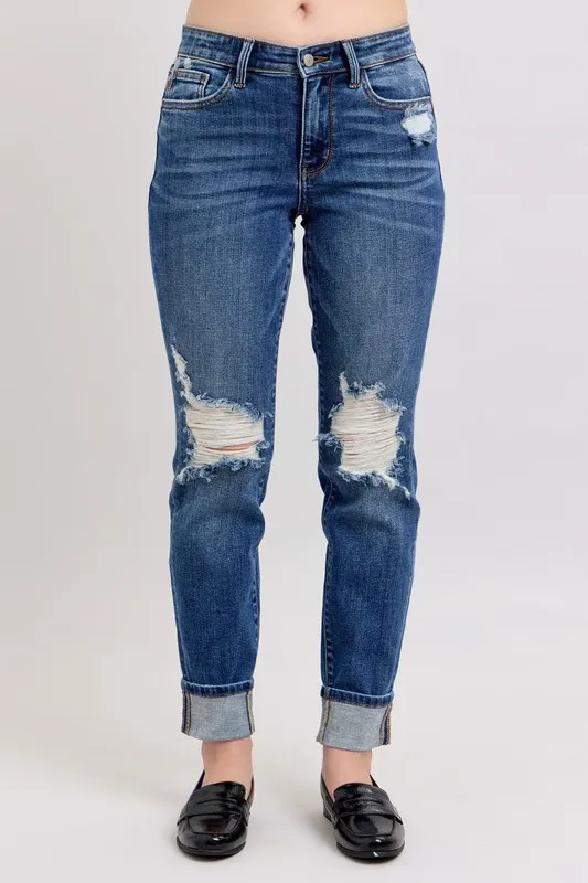 Judy Blue Full Size Midi Rise Boyfriend destroy Jeans with Yoke Pockets and Faux Selvedge Cuff Plus Size - Image 2