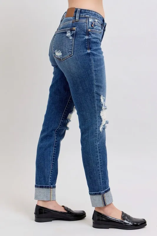 Judy Blue Full Size Midi Rise Boyfriend destroy Jeans with Yoke Pockets and Faux Selvedge Cuff Plus Size - Image 3
