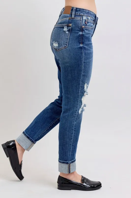 Judy Blue Full Size Midi Rise Boyfriend destroy Jeans with Yoke Pockets and Faux Selvedge Cuff Plus Size - Image 4