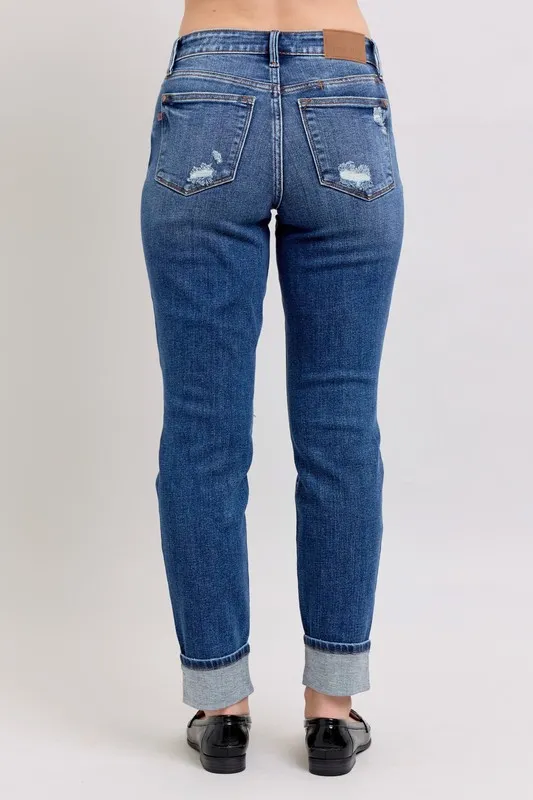 Judy Blue Full Size Midi Rise Boyfriend destroy Jeans with Yoke Pockets and Faux Selvedge Cuff Plus Size - Image 5