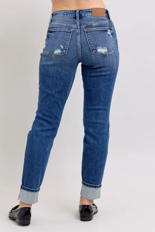 Judy Blue Full Size Midi Rise Boyfriend destroy Jeans with Yoke Pockets and Faux Selvedge Cuff Plus Size - Image 6