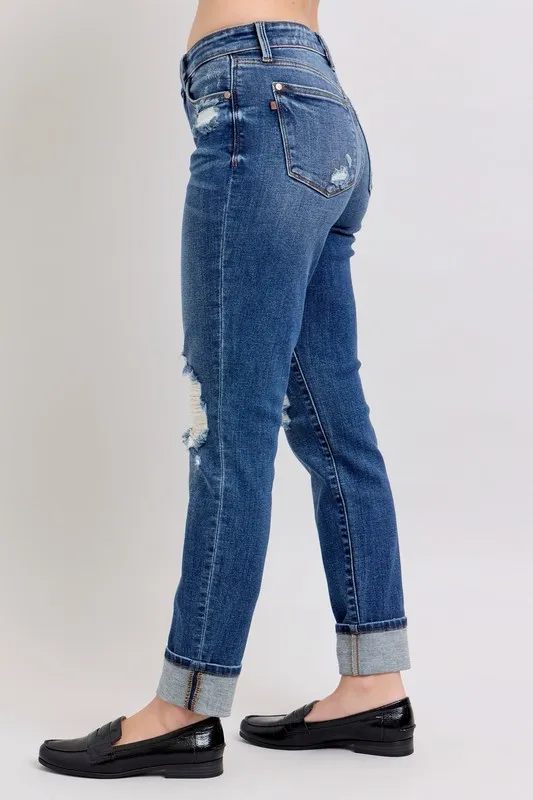 Judy Blue Full Size Midi Rise Boyfriend destroy Jeans with Yoke Pockets and Faux Selvedge Cuff Plus Size - Image 7