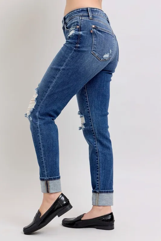 Judy Blue Full Size Midi Rise Boyfriend destroy Jeans with Yoke Pockets and Faux Selvedge Cuff Plus Size - Image 8