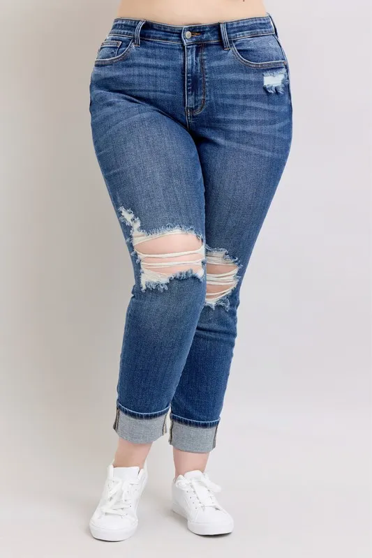Judy Blue Full Size Midi Rise Boyfriend destroy Jeans with Yoke Pockets and Faux Selvedge Cuff Plus Size - Image 9