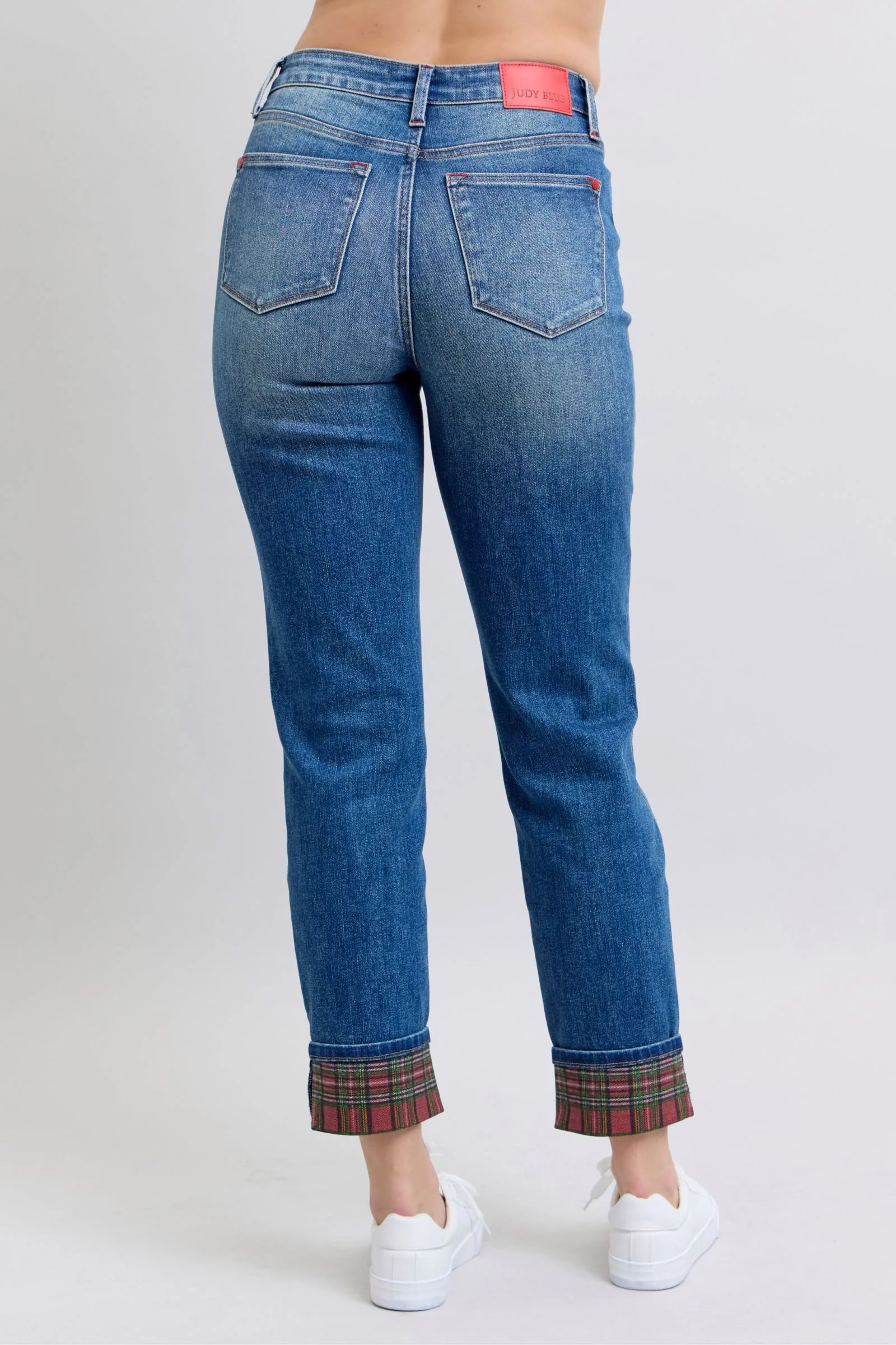 Judy Blue Full Size Plaid Print Cuff Straight Leg Jeans with Pockets - Image 2