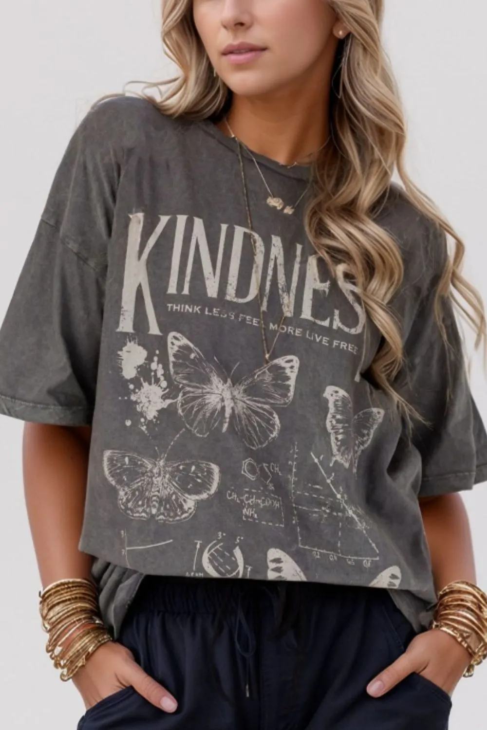 Kindness Butterflies Graphic Mineral Wash Loose Tee - Image 2