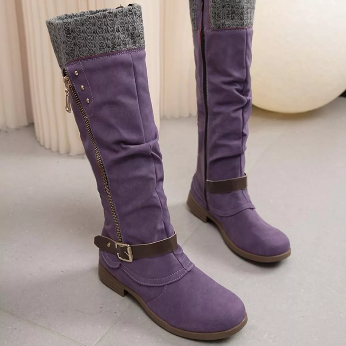 Knee High Slouch Boots with Knit Cuff - Image 11