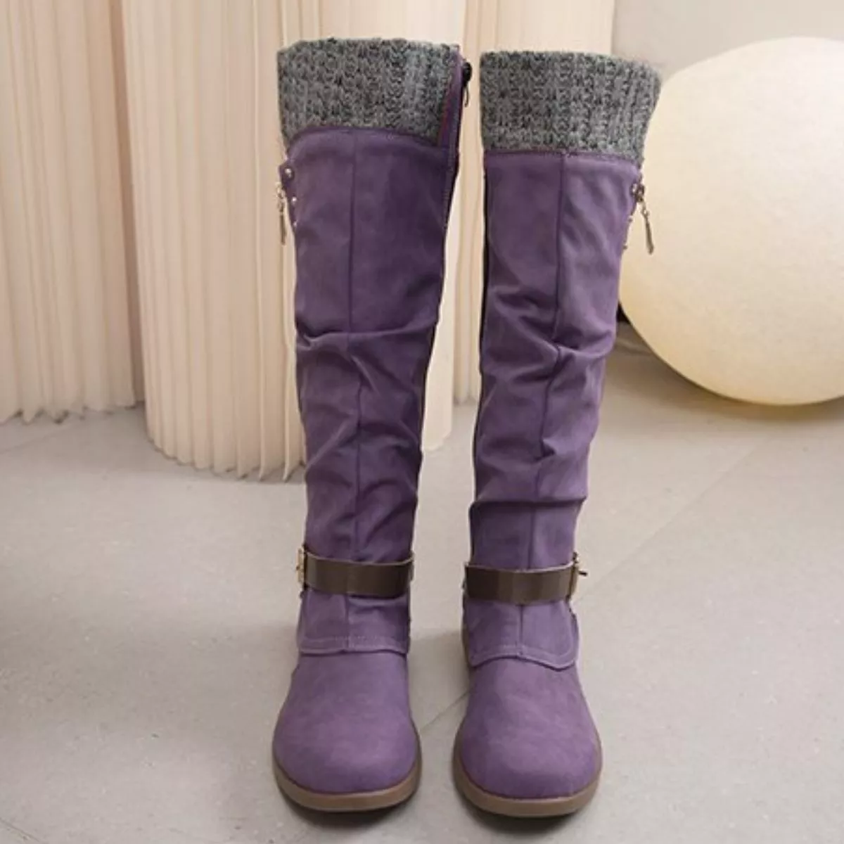 Knee High Slouch Boots with Knit Cuff - Image 12